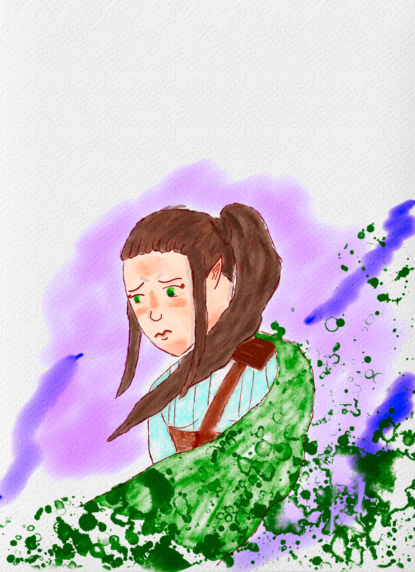 A sad looking elf in water color in an ethereal style